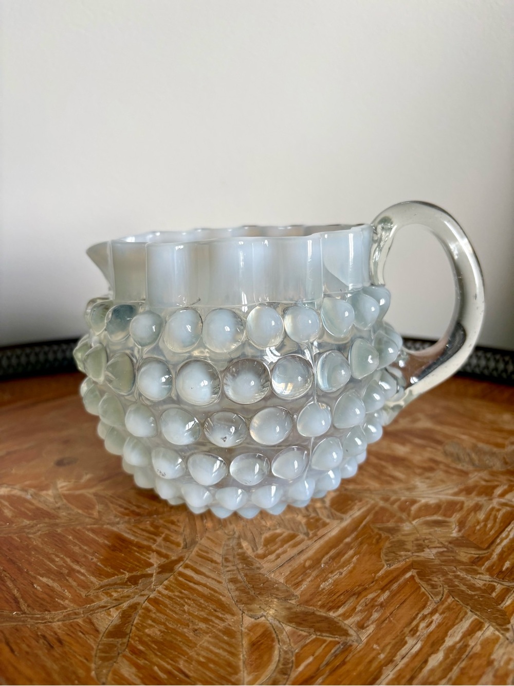 White / Blue Hobnail Glass Pitcher